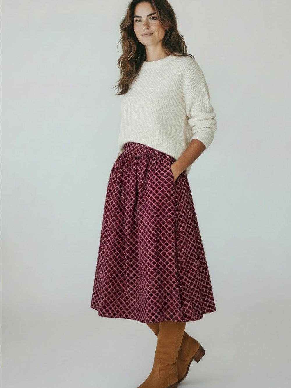 Geometric Link Print Dropped-Waist Midi Skirt Office Chic Pockets Size 8